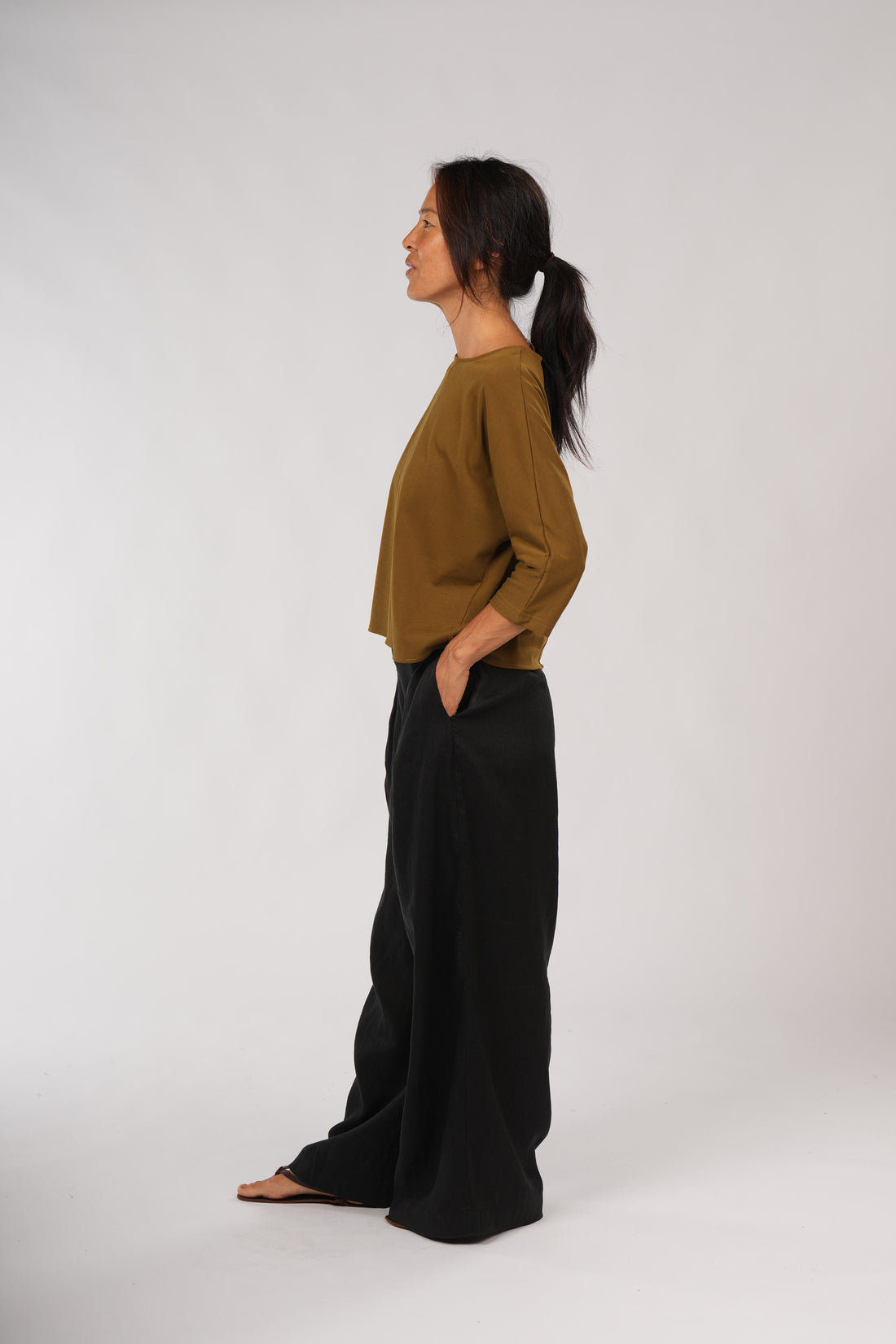 Montaigne Siena 100% Cotton 3/4 Sleeve Top Olive