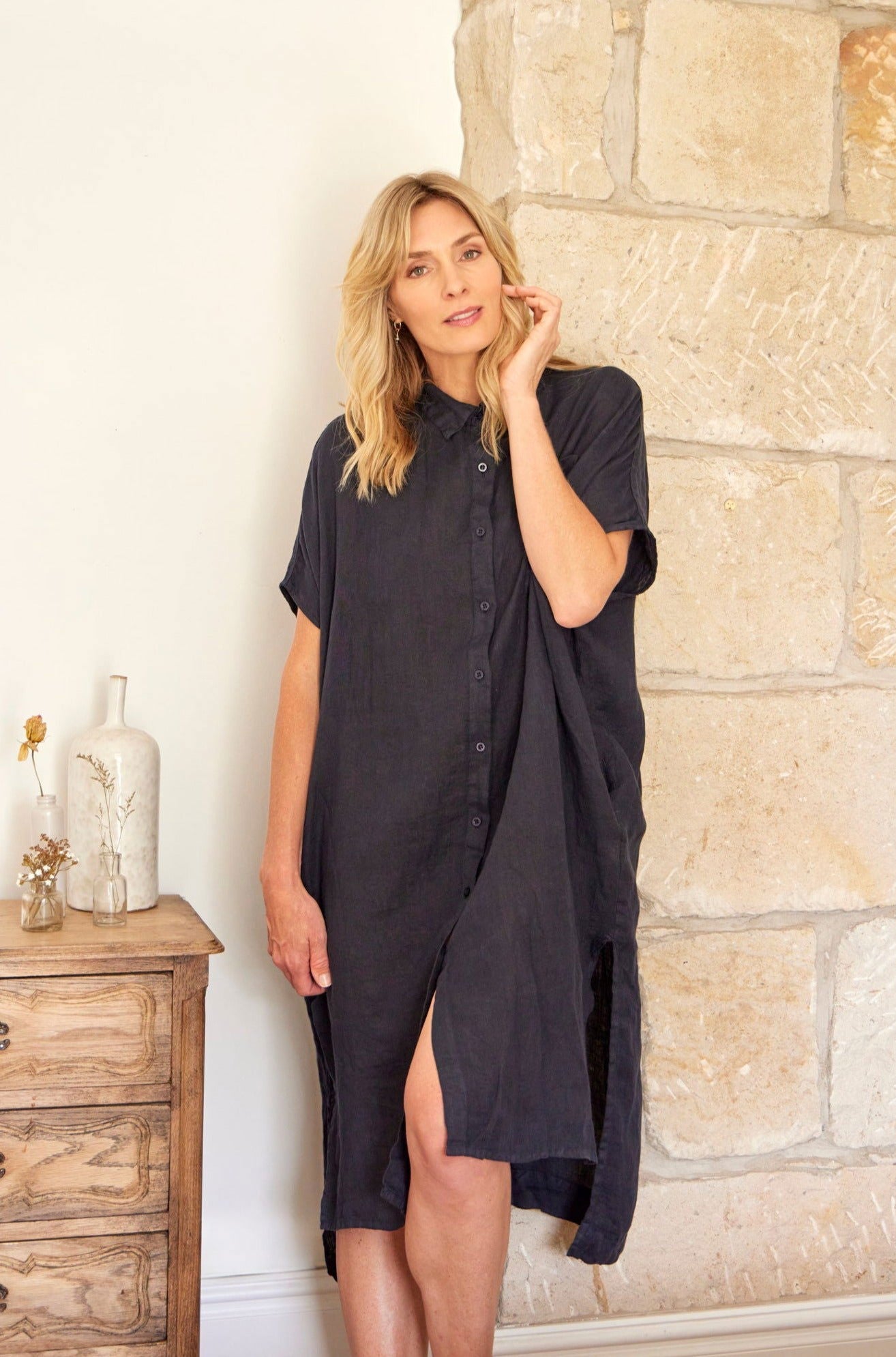 Montaigne Simone Short Sleeve Linen Dress Navy