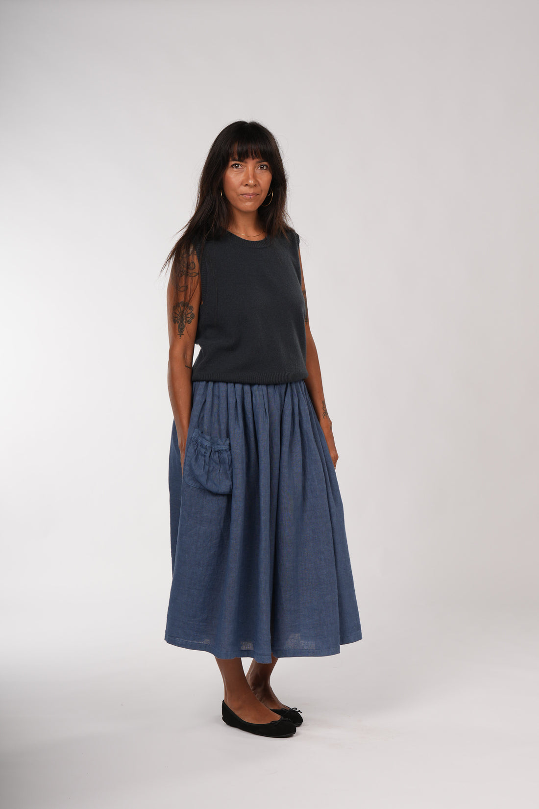 Montaigne Transeasonal Linen Skirt with Front Pocket Denim Blue