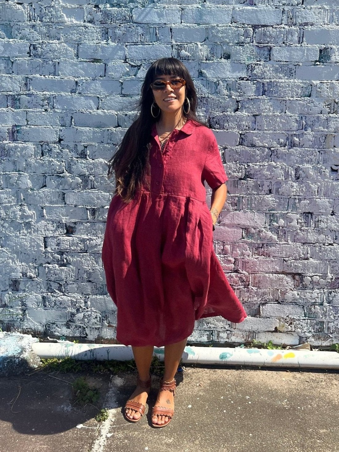 Montaigne Vianne Linen Dress with Pleats and Side Pockets Barn Red