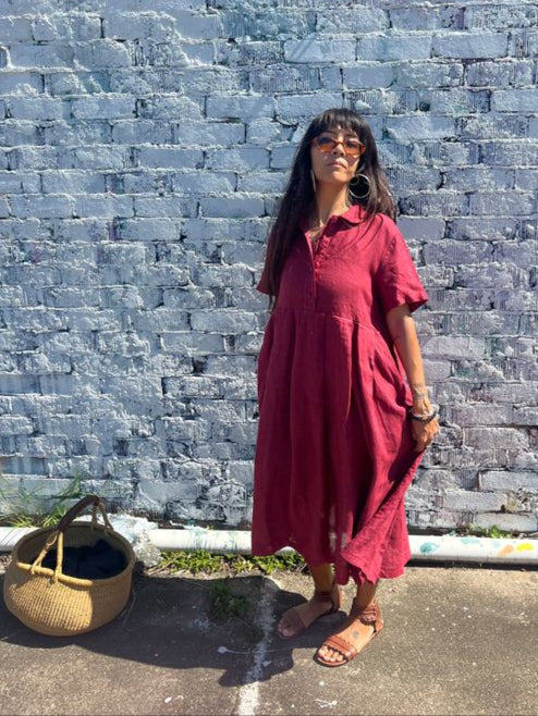 Montaigne Vianne Linen Dress with Pleats and Side Pockets Barn Red1