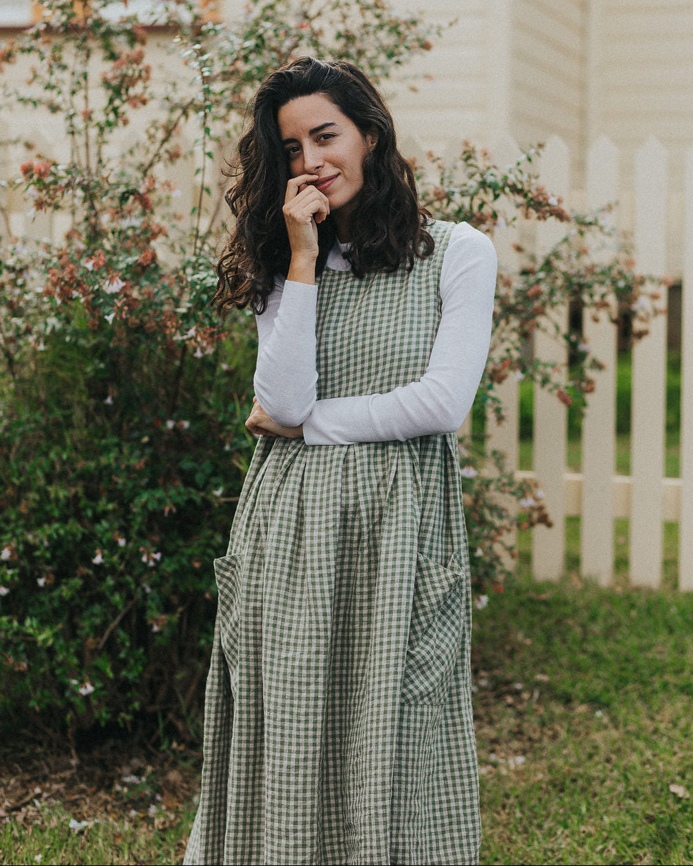 Sartene French Linen Dress in Gingham Sage