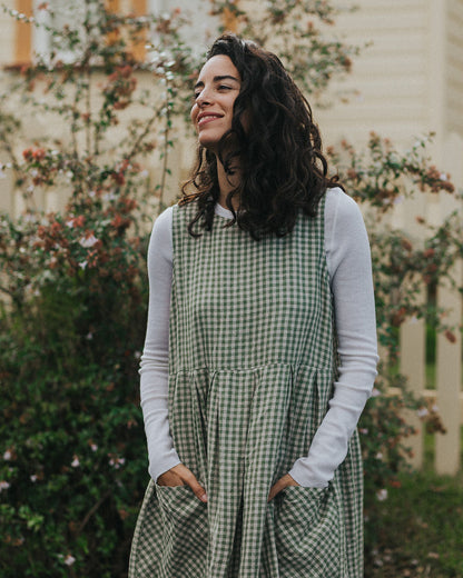 Sartene French Linen Dress in Gingham Sage