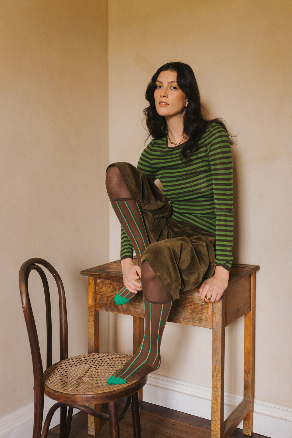 Women’s 100% Australian Merino Wool Knit Spencer in Stripe Green