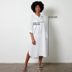 Montaigne Oversized Linen Shirt Dress sizing: 63cm Bust, 121cm Shoulder to Hem.