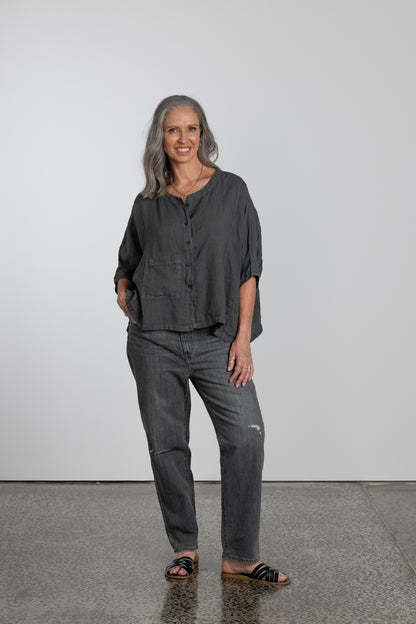 Montaigne Agathe Short Sleeve Linen Top Petrol