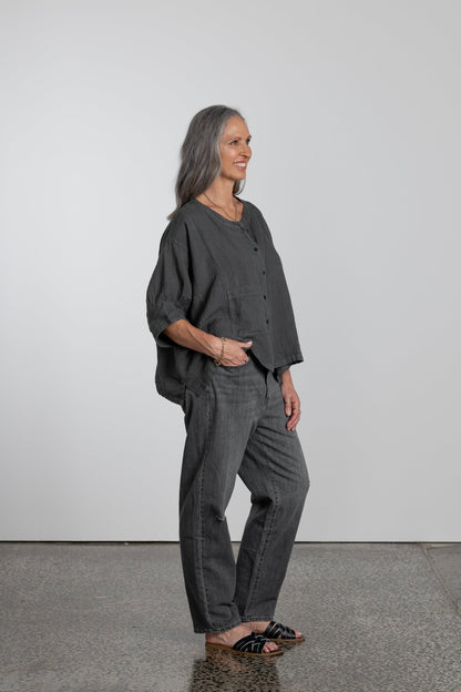 Montaigne Agathe Short Sleeve Linen Top Petrol2