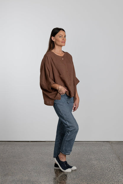 Montaigne Agathe Short Sleeve Linen Top Tobacco1