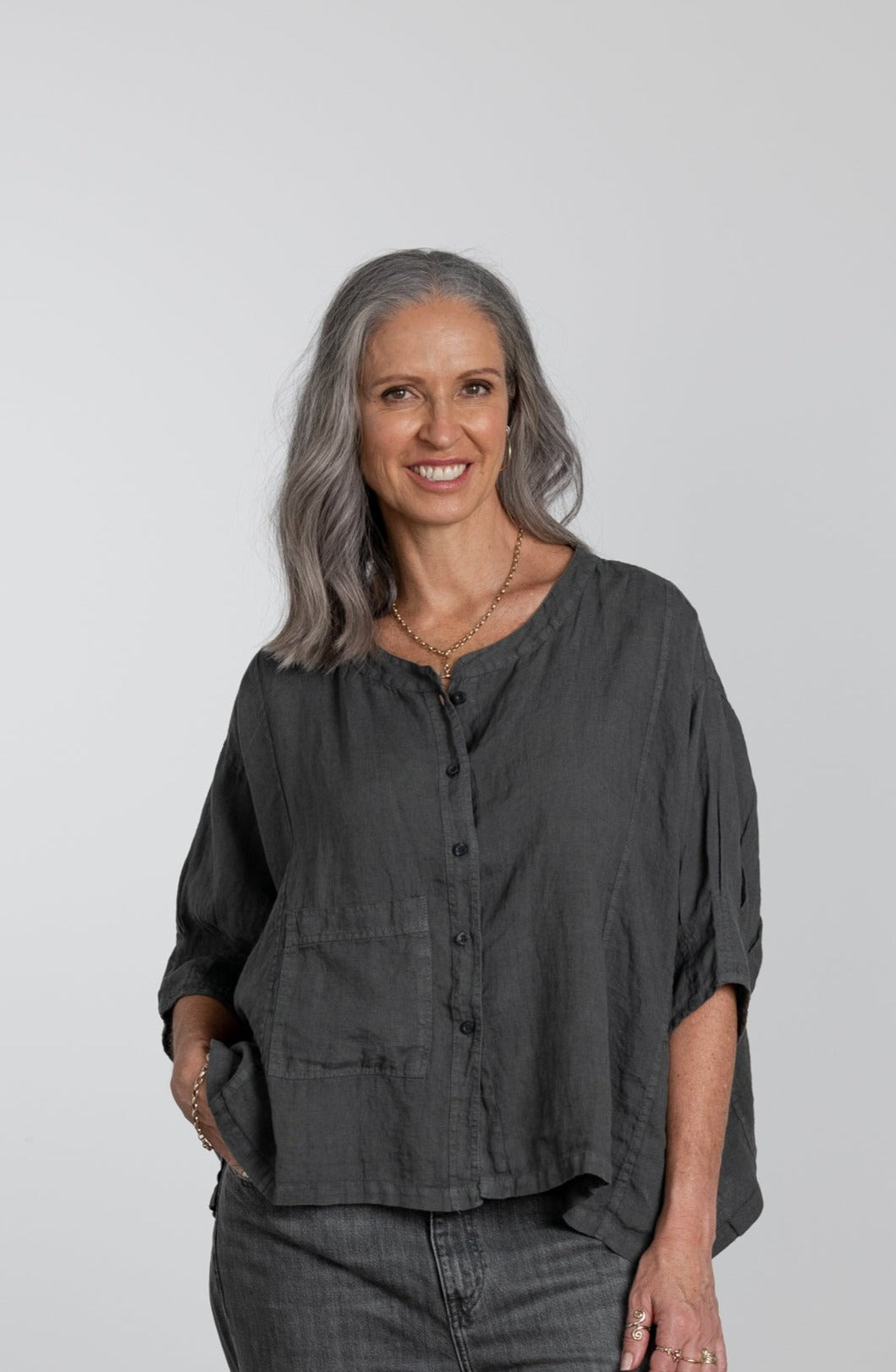 Montaigne Agathe Short Sleeve Linen Top Petrol