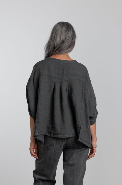 Montaigne Agathe Short Sleeve Linen Top Petrol1